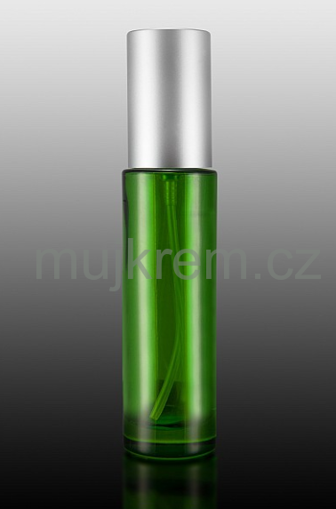 Skleněná lahvička od 30ml do 115ml, zelená se stříbrným víčkem a dávkovačem