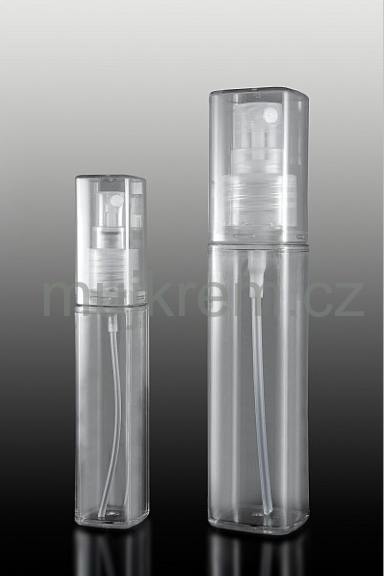 Plastová lahvička sprej od 8ml do 75ml, transparentní, hranatá 