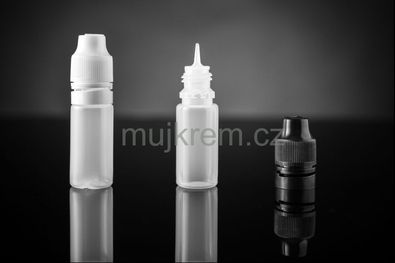 Plastová lahvička Liquid 10ml, mléčná barva, výběr z barevných víček