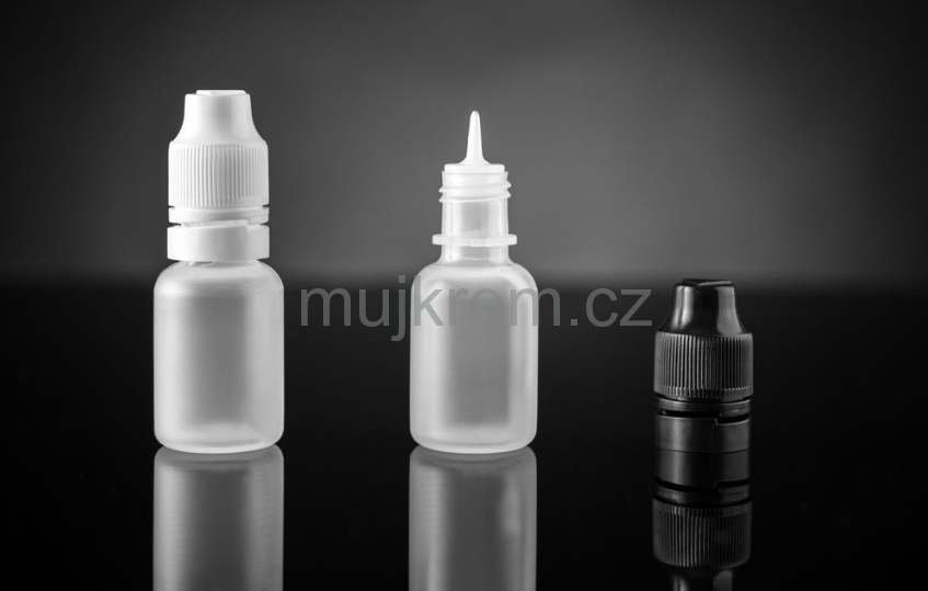 Plastová lahvička L Liquid 10ml, mléčná barva, výběr z barevných víček