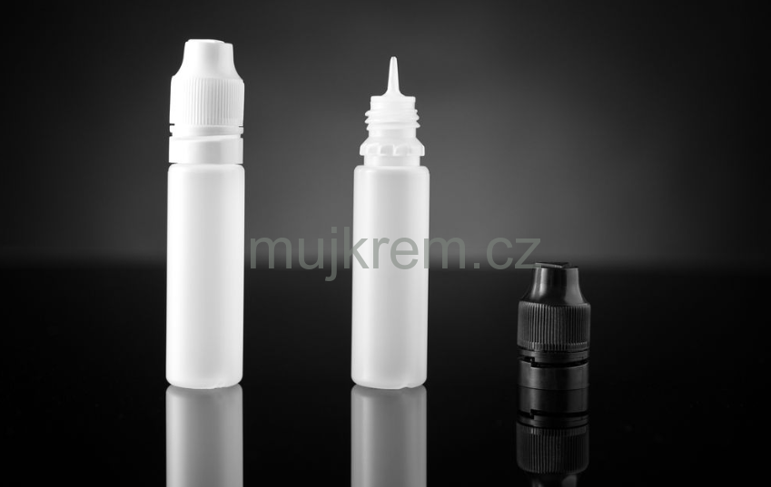 Plastová lahvička Liquid 15ml, mléčná barva, výběr z barevných víček