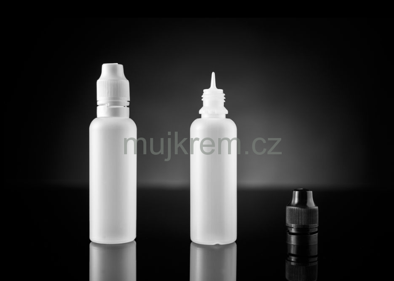 Plastová lahvička Liquid 40ml, bílá, výběr z barevných víček