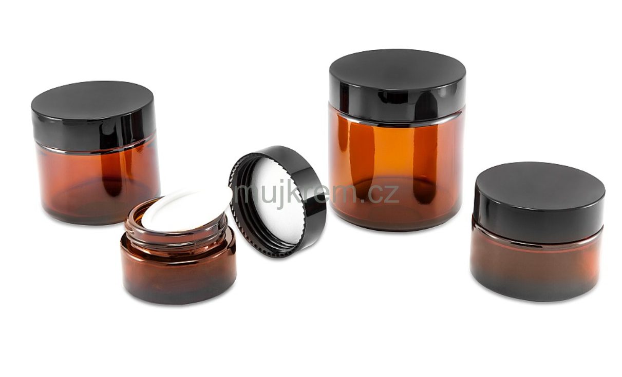 Skleněný kelímek 15ml, 30ml, 50ml, 100ml, hnedý s černým víčkem 